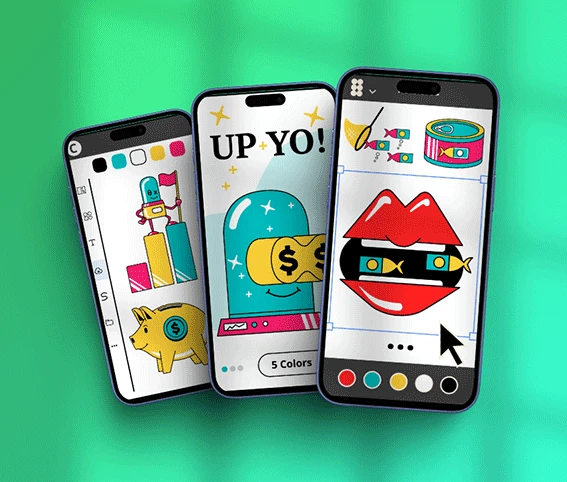 Three mobile phones displaying creative design interfaces with playful icons including charts, money symbols, and vibrant graphics on a green background