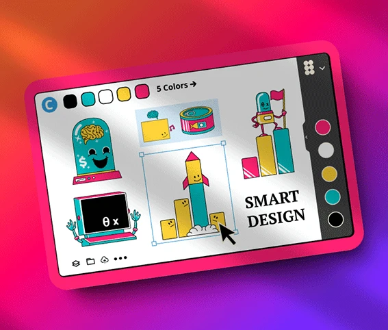 Digital design interface showing cartoon-style business icons including a brain jar, laptop, charts, and rocket on a vibrant pink-orange gradient background