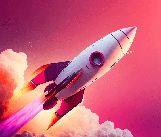 3D illustration of a white and red rocket soaring through pink-orange clouds at sunset, symbolizing business launch and growth