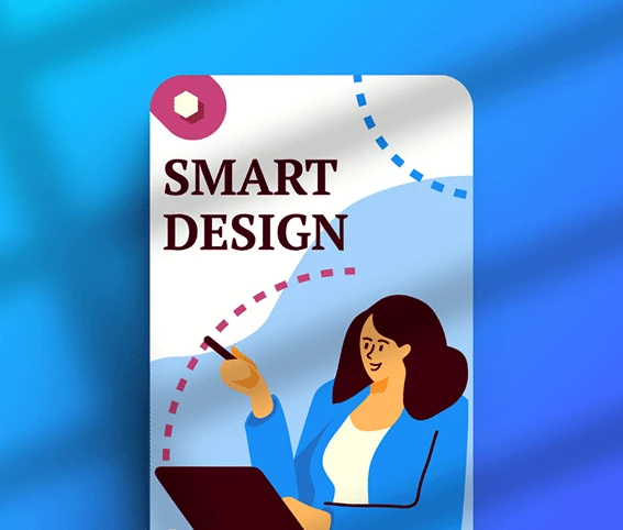 Professional illustration of a woman in a blue blazer crafting a strategic design path on a digital device against a vibrant blue background