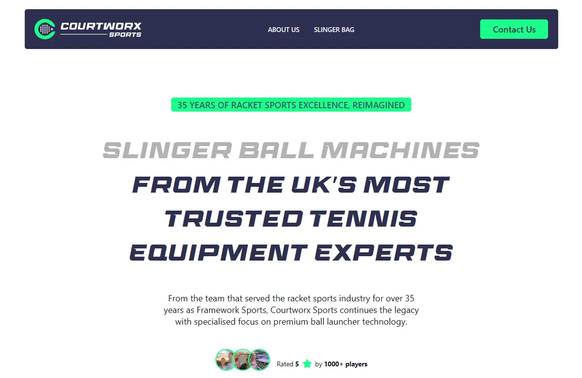Courtworx Sports website homepage hero section with headline "Slinger Ball Machines From The UK's Most Trusted Tennis Equipment Experts" on clean white background