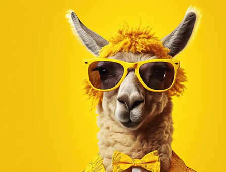 Colourful yellow llama wearing shiny sunglasses