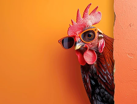Colourful chicken wearing shiny sunglasses