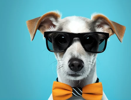Colourful dogwearing shiny sunglasses and a yellow bowtie