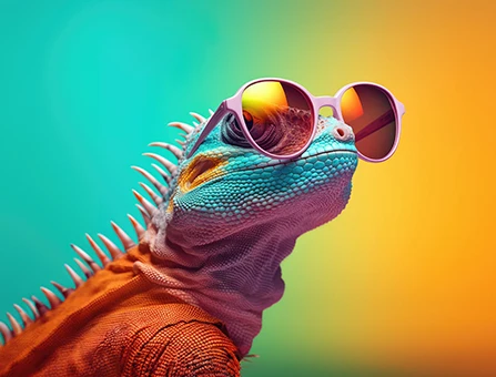 Colourful lizard wearing shiny sunglasses